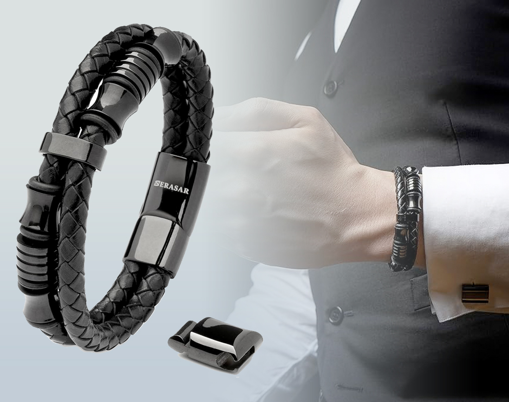 SERASAR Premium Leather Bracelet Men | Stainless Steel Magnetic Clasp